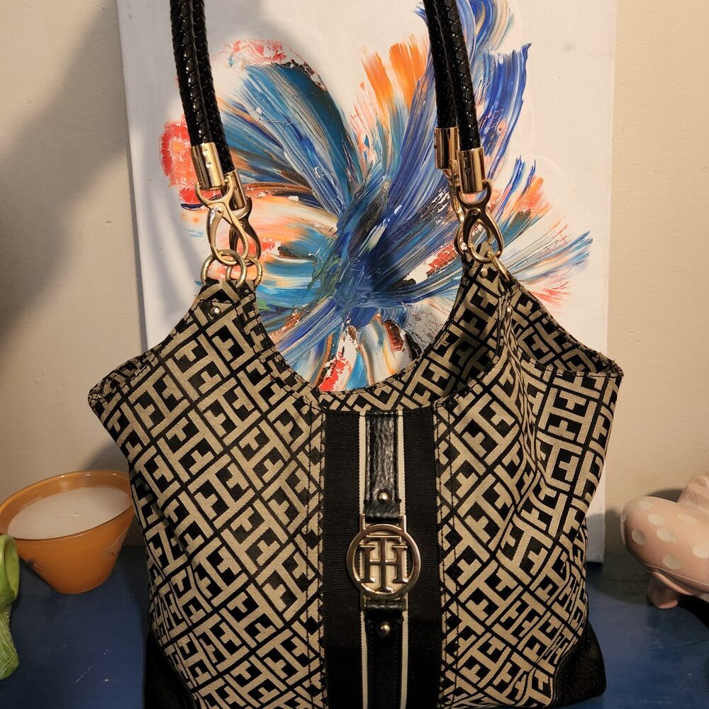 Large TOMMY HILFIGER cream|black canvas, faux leather monogram shoulder tote bag